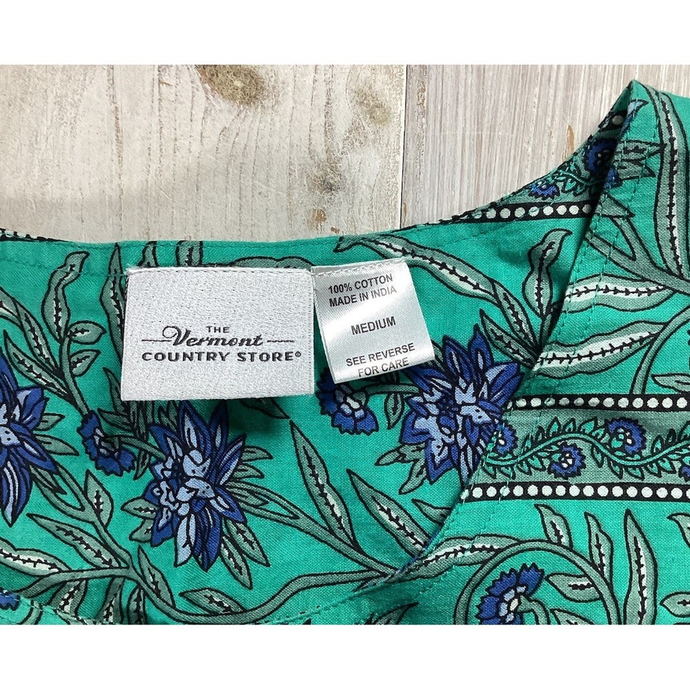 Vermont Store Green Top With Blue Flowers Cotton Women's M Boho Cottage Core - Picture 4 of 5